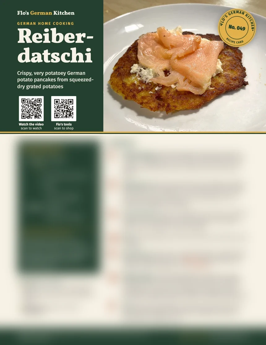 Recipe card for Reiberdatschi, page one